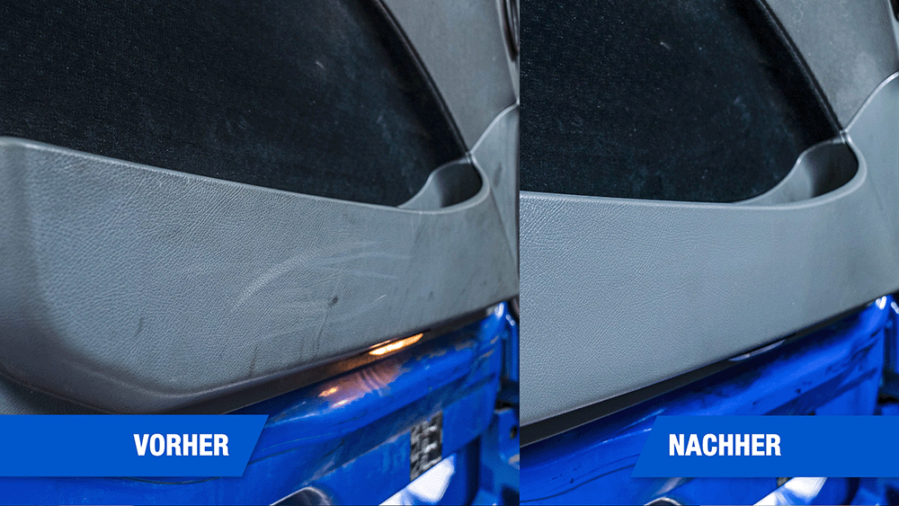 Vergleich der Türverkleidung eines LKW vor und nach der Reinigung: Links deutlich sichtbare Schuhstreifen und Gummiabrieb auf der Kunststoffoberfläche, rechts der gleiche Bereich vollständig gereinigt – deutlicher Vorher-nachher-Effekt zur Veranschaulichung der Reinigungswirkung.
