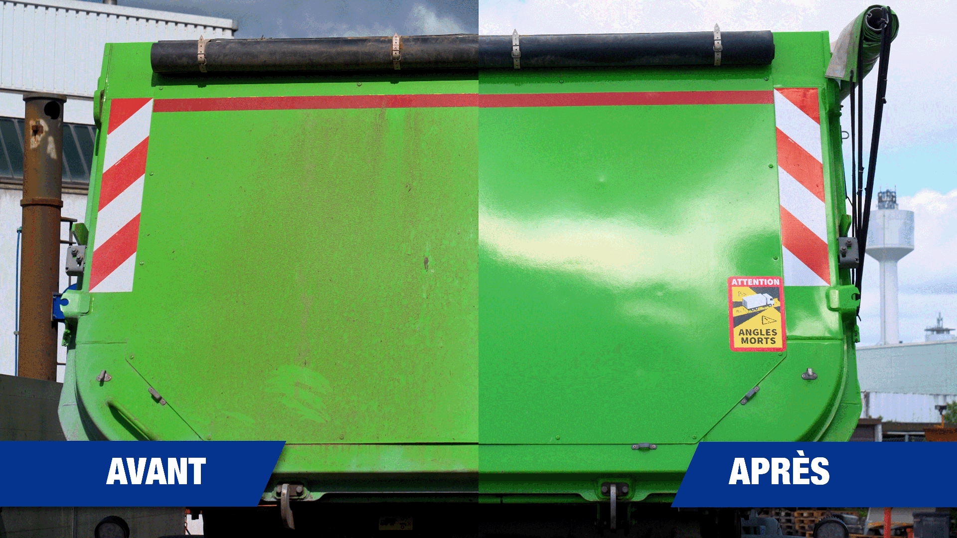 Vorher-Nachher-Vergleich einer Fahrzeuglackierung: Links schmutzige, verschmutzte grüne LKW-Heckklappe (AVANT), rechts dieselbe Fläche nach professioneller Reinigung oder Neulackierung in leuchtendem Grün (APRÈS)