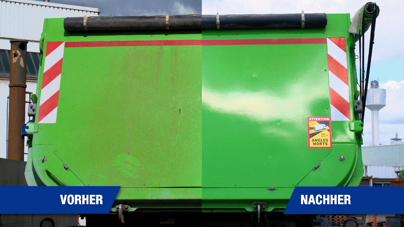 Vorher-Nachher-Heckansicht eines gereinigten grünen Nutzfahrzeug