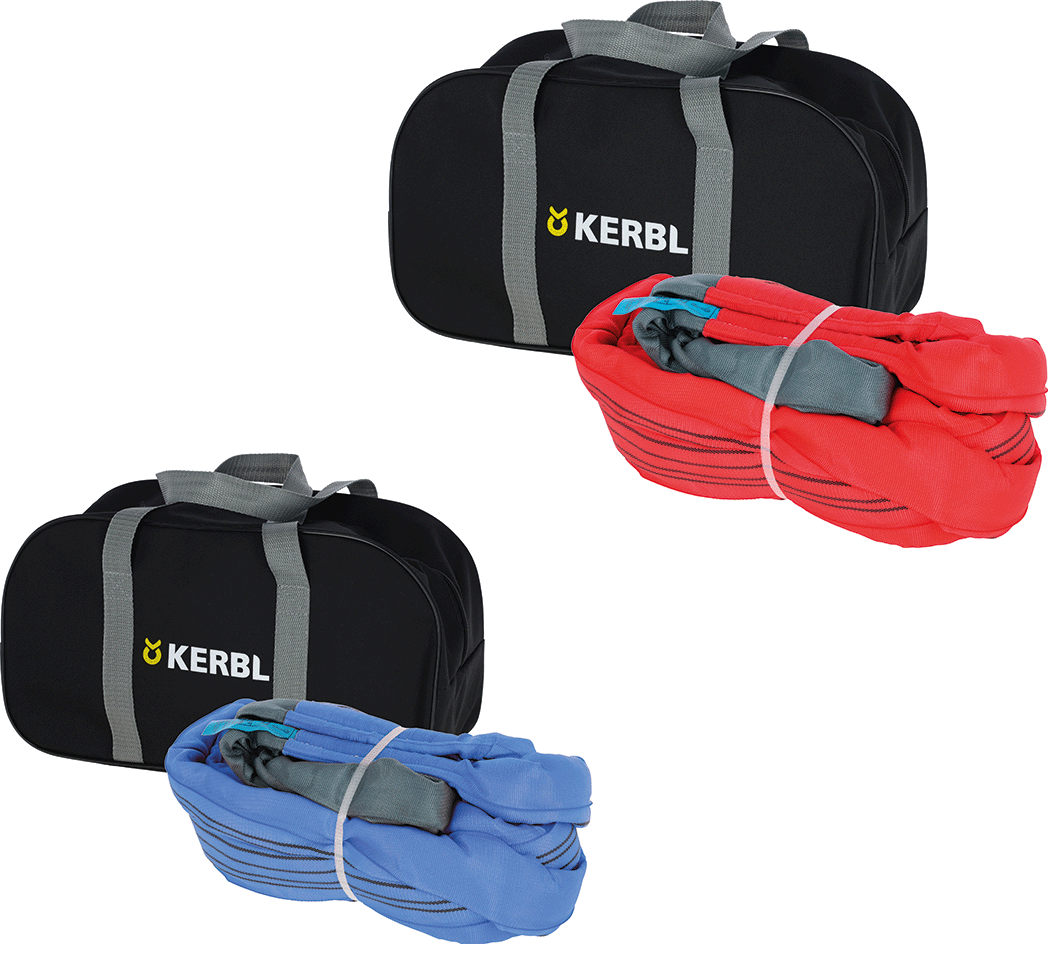 KERBL Taschen mit roten und blauen Abschleppschlingen Zwei schwarze Taschen mit grauen Griffen und dem Markennamen "KERBL" darauf. Vor jeder Tasche befinden sich eine rote und eine blaue Abschleppschlinge.